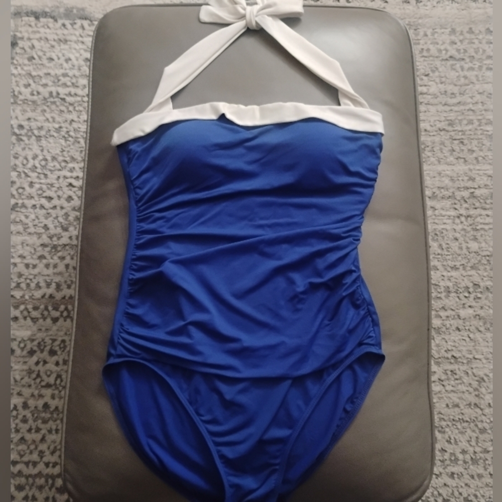 Ralph Lauren Bel-Air Tummy Control Halter Style Swimsuit in Blue & White, Sz 10